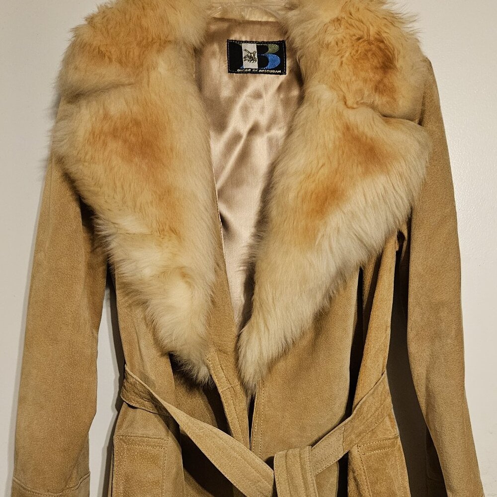 Vintage Suede Trench with faux fur collar